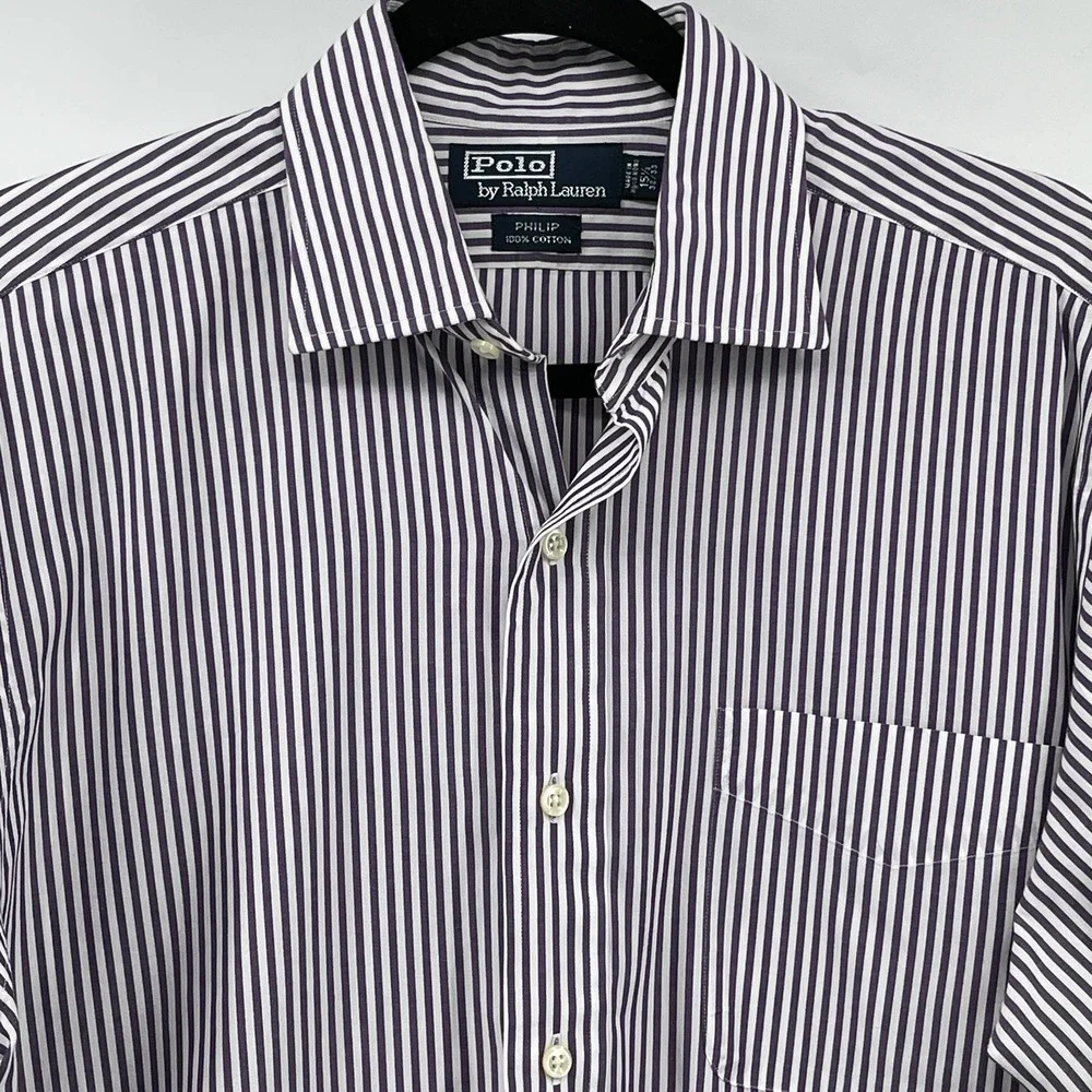 Polo Ralph Lauren Men's Button Up Shirt Sz 15 1/2 32/33 Purple/White Stripe - Picture 3 of 8